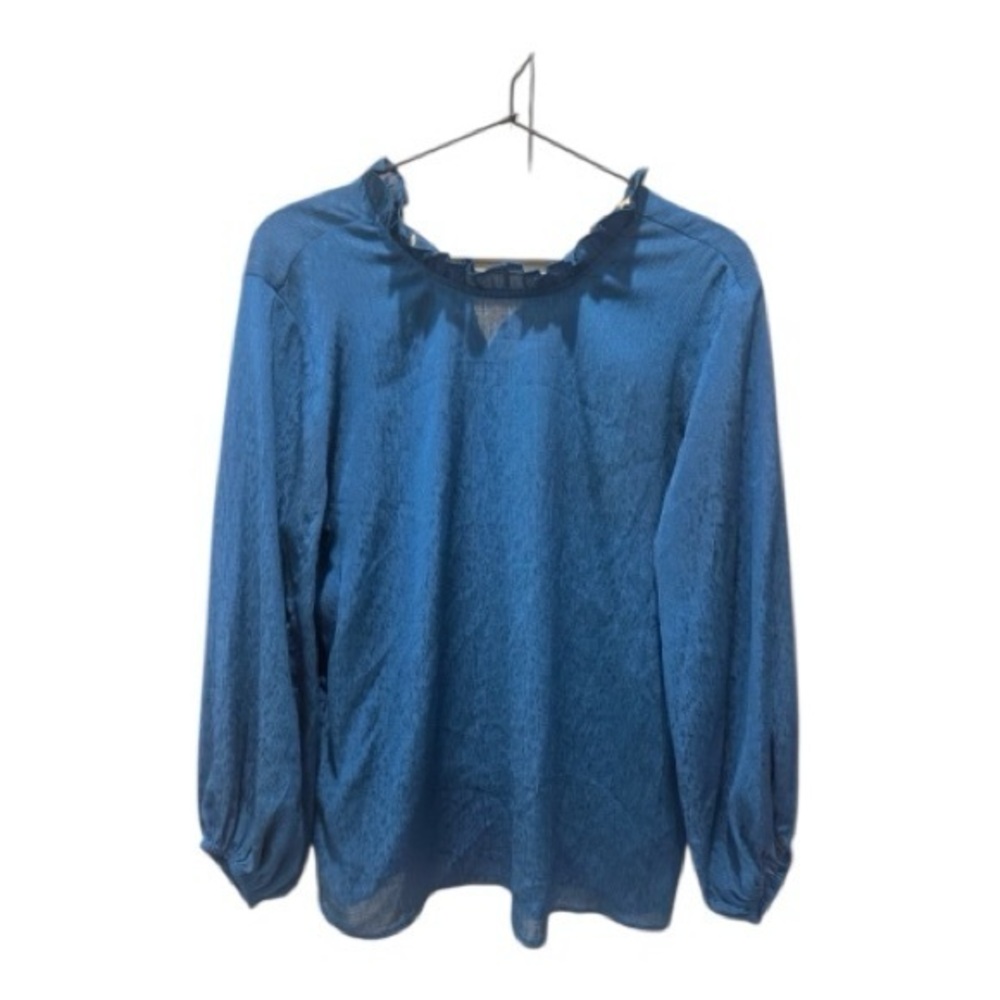Loft Outlet Womens Teal Blue Ruffle Neck Textured Jacquard Blouse Size M‎